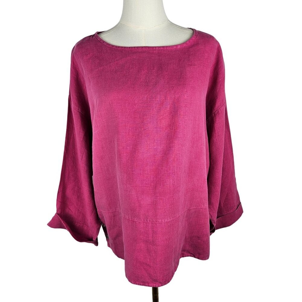 Bryn Walker Linen Tunic Top Sz Medium Fuchsia Pink Long Sleeve Lagenlook